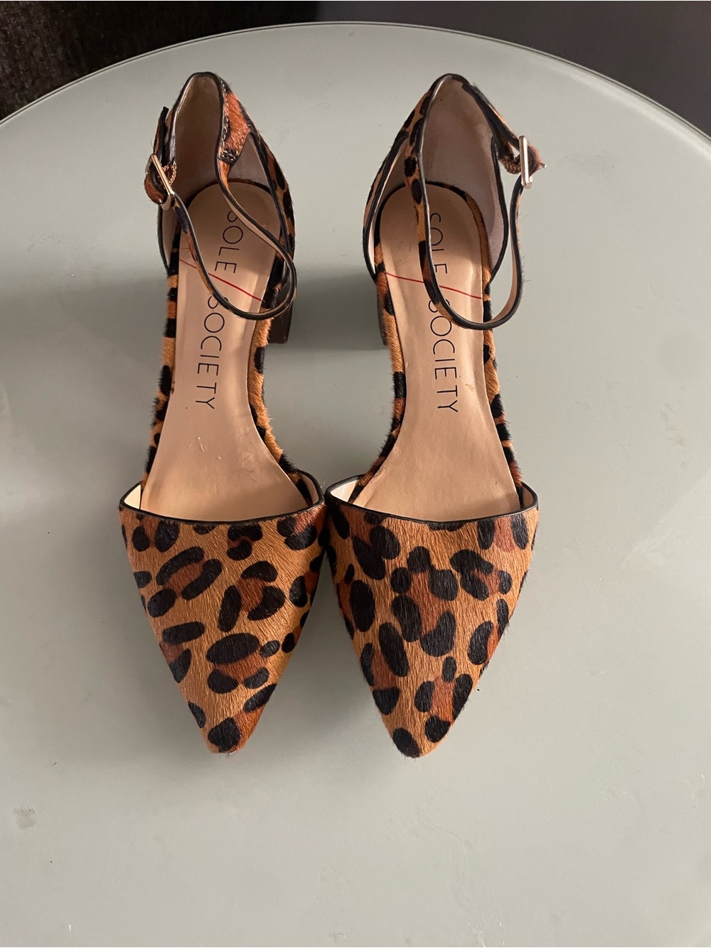 Sole Society leather calf hair Pointed Toe Ankle Strap Heels - Brown/